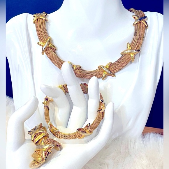 Stunning  Ron Rizzo 3 piece Gold X Necklace Bracelet and Earrings Set - Picture 1 of 14